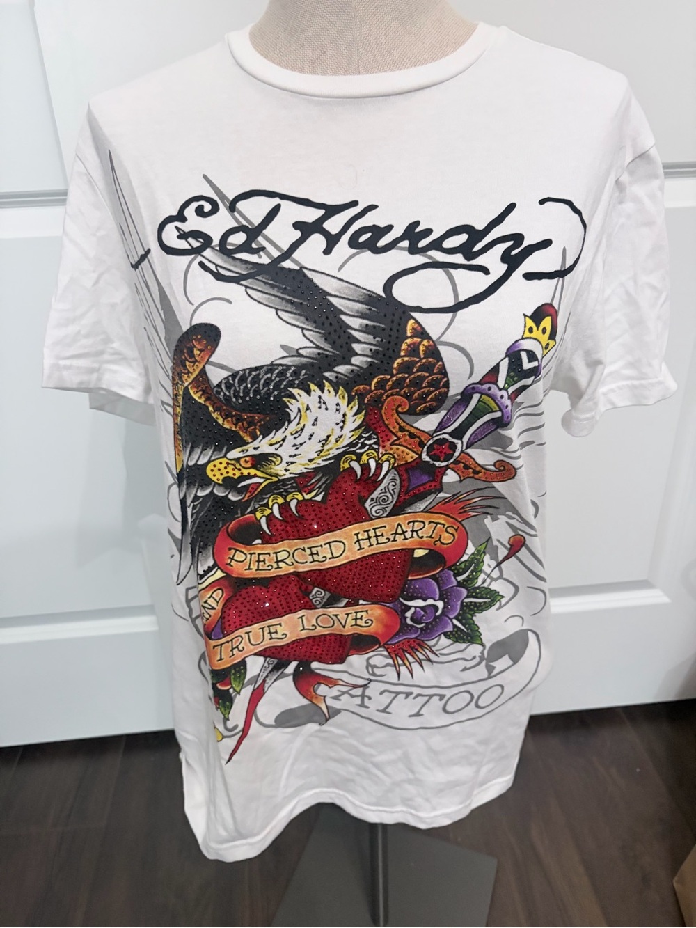Ed Hardy White Short Sleeve Tee with Bold Tattoo Heart Graphic